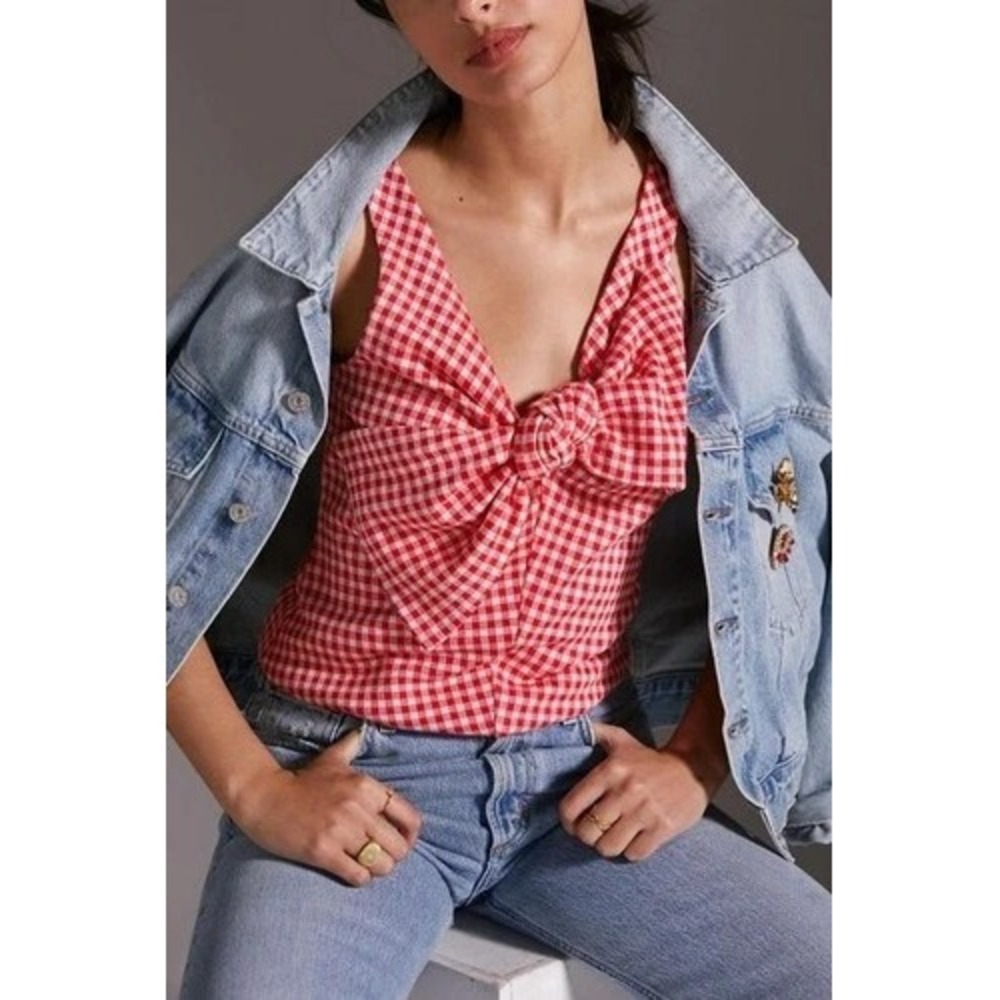 Anthropologie Eva Franco Tank Gingham Sleeveless Bow Top Red White Check Sz S